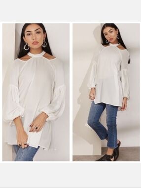 Free People Womens White Drift Away Cold Shouler Tunic Blouse Mini Dress Sz S